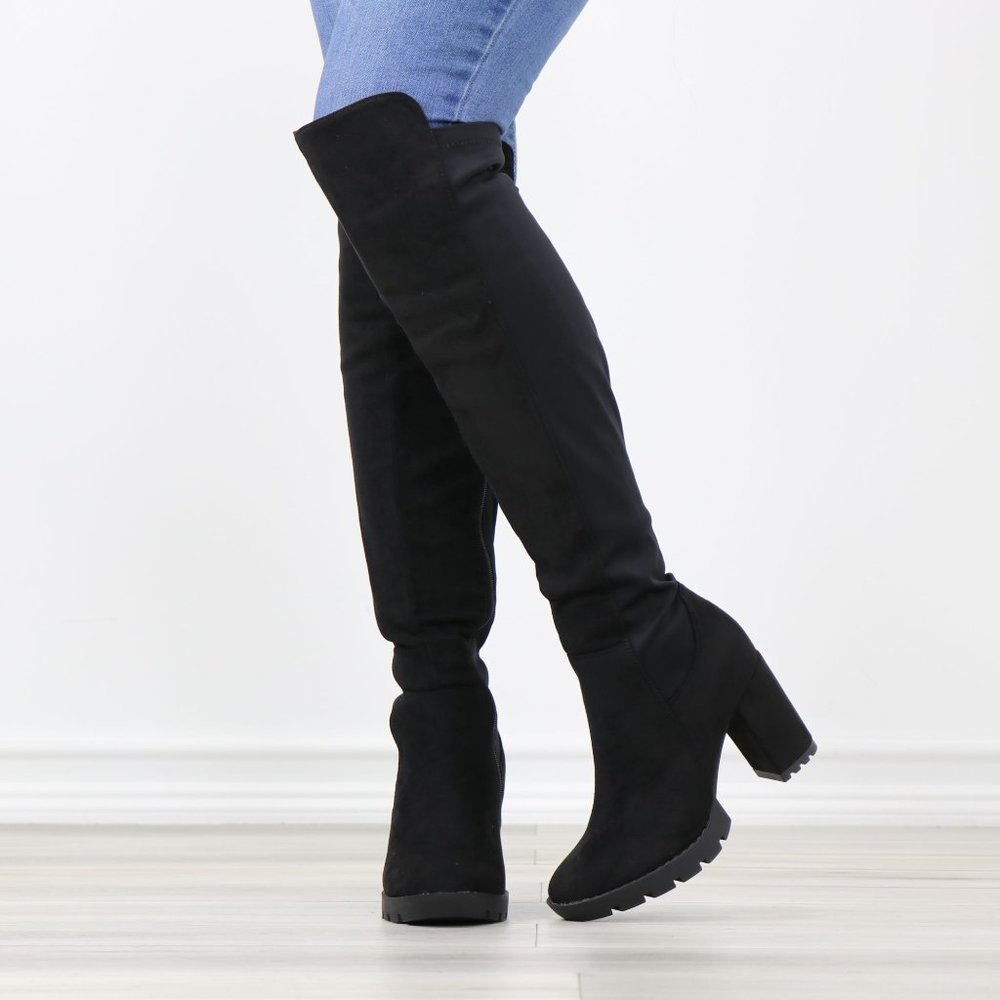 Black Faux Suede Round Toe Thigh High Over The Knee Lug Block Heel Boots - Picture 12 of 14